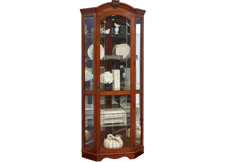 Mirrored Corner Curio Cabinet in Warm Cherry Brown