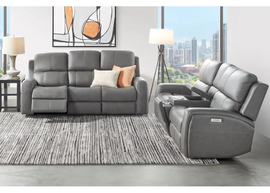 Linton Grey Leather Triple Power Reclining Sofa