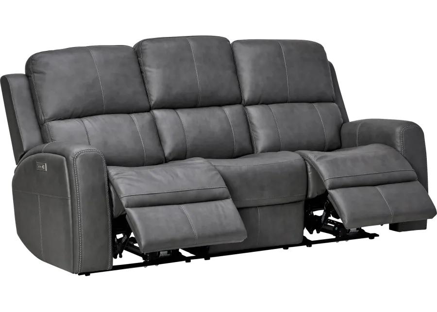 Linton Grey Leather Triple Power Reclining Sofa