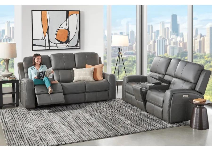 Linton Grey Leather Triple Power Reclining Sofa