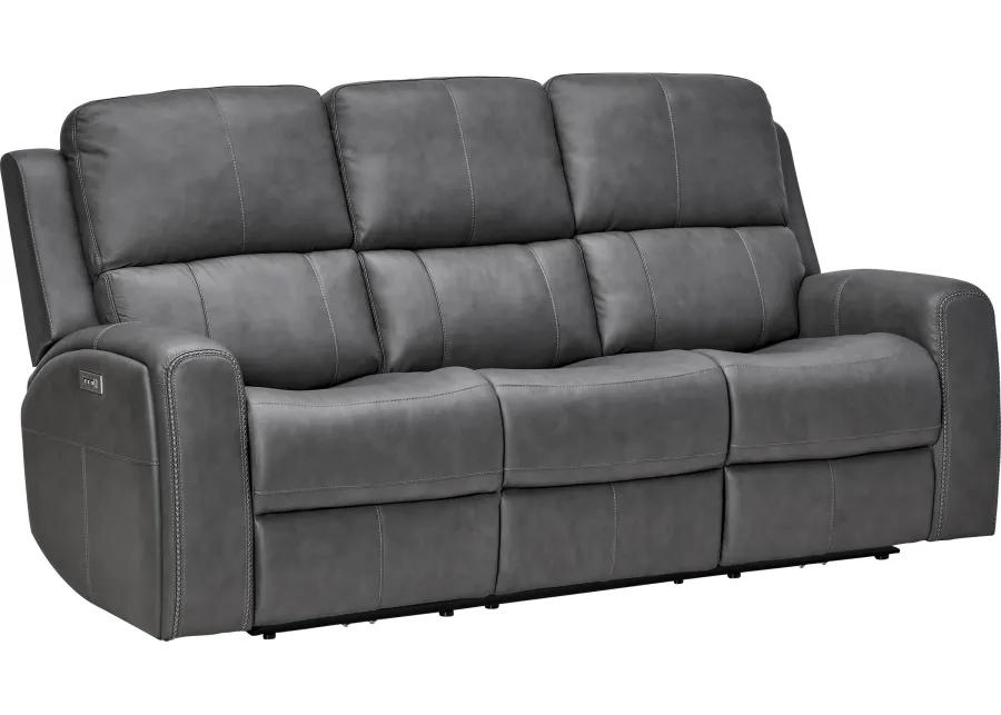 Linton Grey Leather Triple Power Reclining Sofa