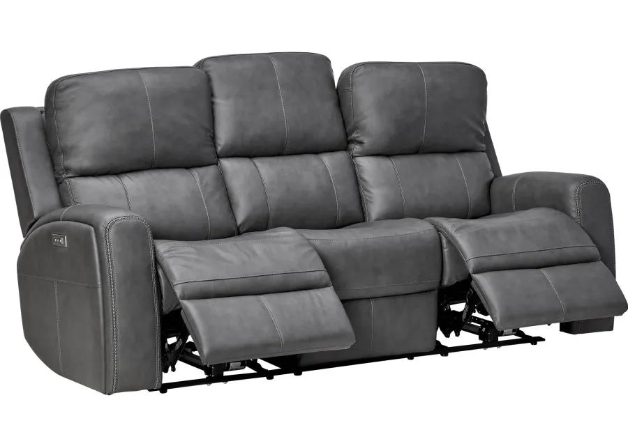 Linton Grey Leather Triple Power Reclining Sofa