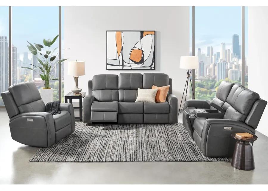 Linton Grey Leather Triple Power Reclining Sofa