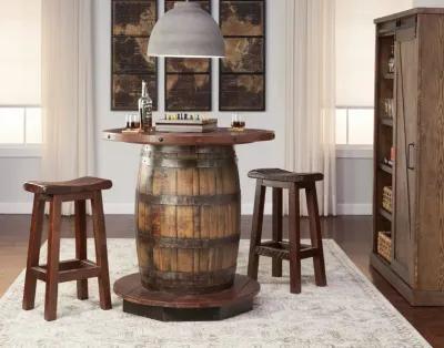 Old Fitz Whiskey Barrel With 2 Saddle Seat Stools