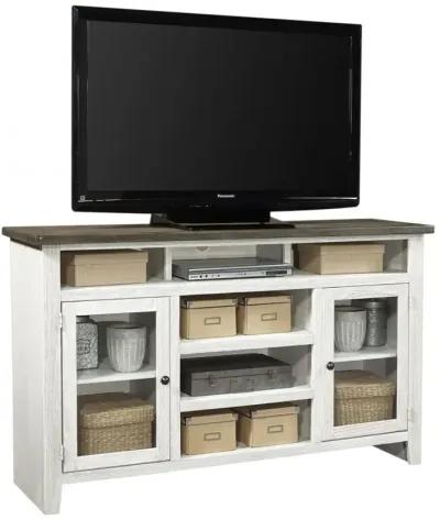 EASTPORT DRIFTED WHITE 65 INCH HIGHBOY TV STAND CONSOLE WITH 2 DOORS