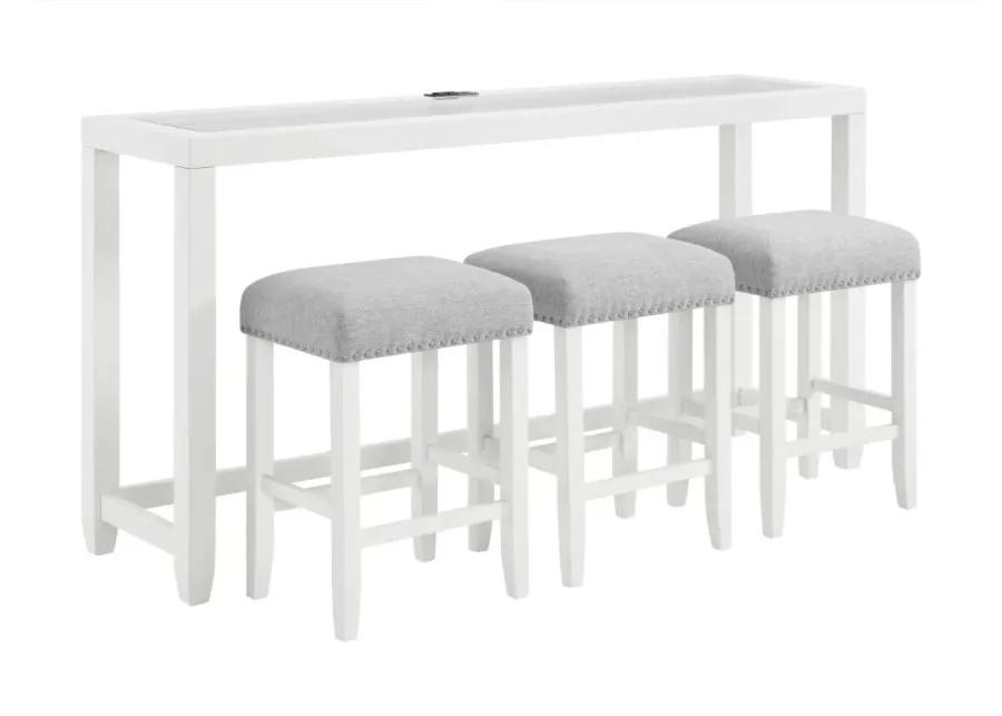 CORDERO 72 INCH GLASS TOP CONSOLE BAR TABLE & STOOL SET IN WHITE & HEATHER GREY