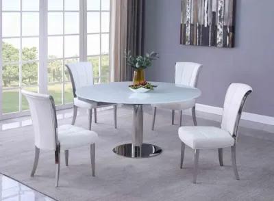 Chintaly Tami Contemporary Dining Set with Motion-Extendable White Glass Table & 4 Tufted Chairs