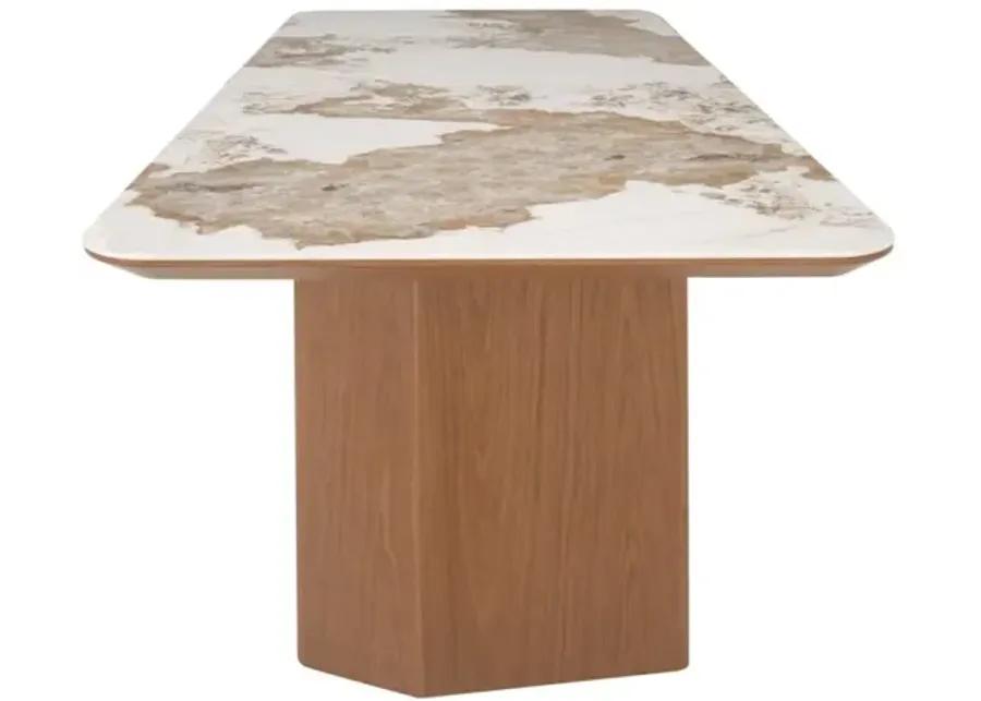 RUBY MODERN CERAMIC & WOODEN TOP DINING TABLE WITH WOODEN LEGS