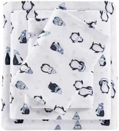 INTELLIGENT DESIGN TWIN XL BLUE PENGUINS COZY SOFT COTTON NOVELTY PRINT FLANNEL SHEET SET