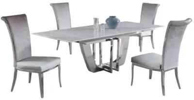 Chintaly Joy Grey Dining Set with Extendable Carrara Marble Table & 4 High-Back Chairs