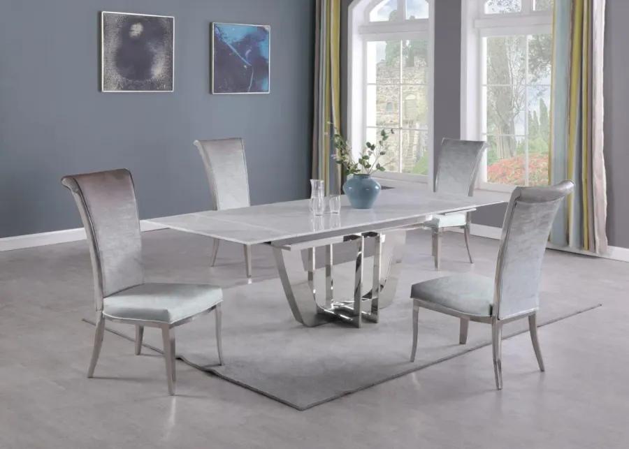 JOY GREY DINING SET WITH EXTENDABLE CARRARA MARBLE TABLE & 4 HIGH-BACK CHAIRS