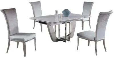 Chintaly Joy Grey Dining Set with Extendable Carrara Marble Table & 4 High-Back Chairs