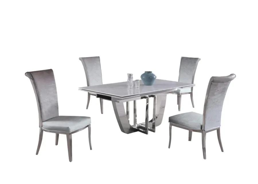 JOY GREY DINING SET WITH EXTENDABLE CARRARA MARBLE TABLE & 4 HIGH-BACK CHAIRS