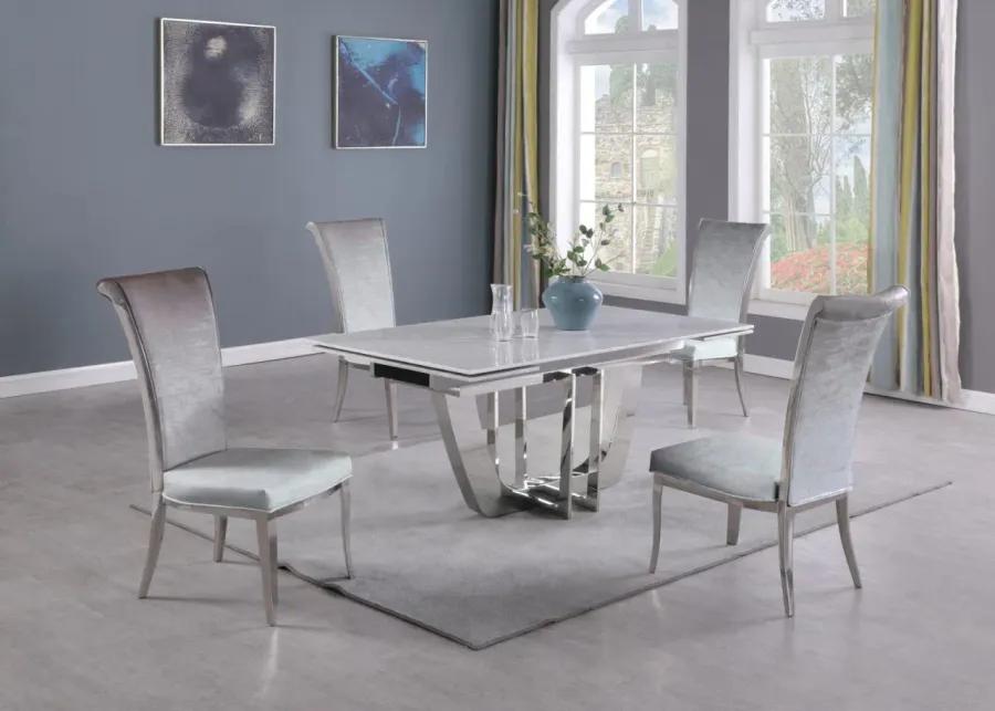 JOY GREY DINING SET WITH EXTENDABLE CARRARA MARBLE TABLE & 4 HIGH-BACK CHAIRS