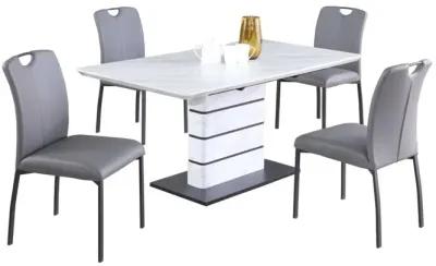 KELLY CONTEMPORARY DINING SET WITH EXTENDABLE MARBLEIZED TABLE, ART DECO STRIP BASE & 4 HANDLE BACK CHAIRS