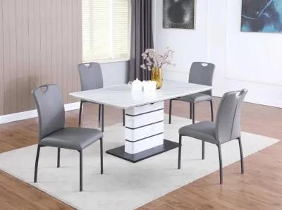 KELLY CONTEMPORARY DINING SET WITH EXTENDABLE MARBLEIZED TABLE, ART DECO STRIP BASE & 4 HANDLE BACK CHAIRS