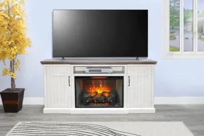 Sunny Designs Pasadena Marble White & Buckskin TV Stand Console with Fireplace Option