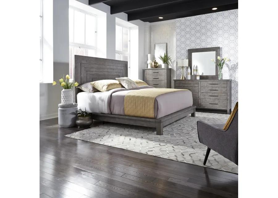 KING CALIFORNIA PLATFORM BED DRESSER & MIRROR CHEST - MODERN FARMHOUSE