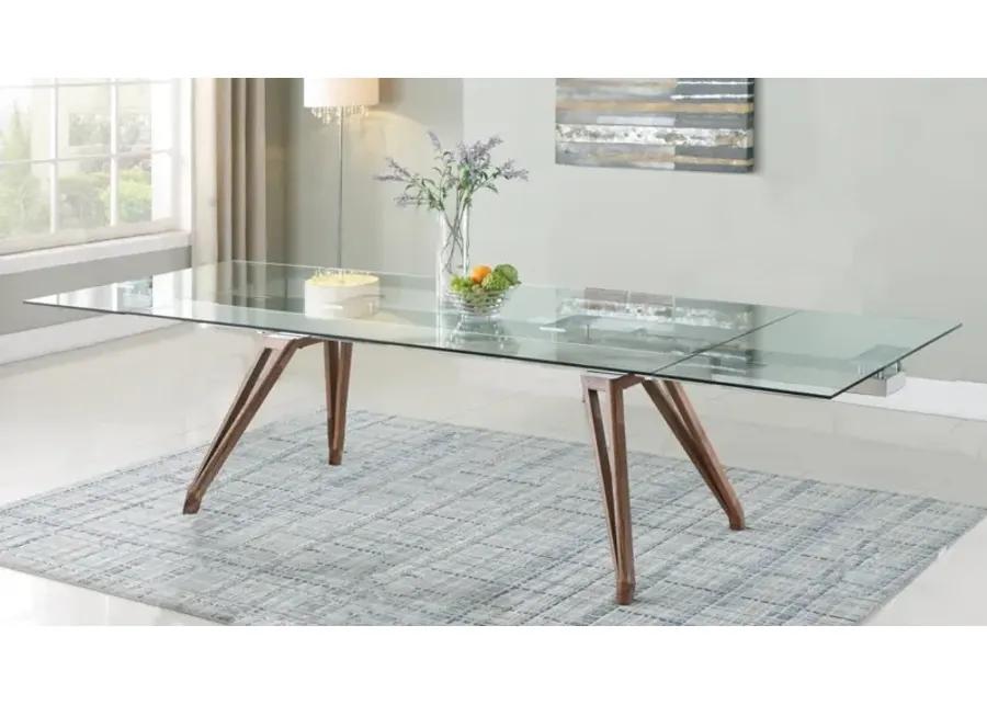 ERIKA MODERN DINING TABLE WITH EXTENDABLE GLASS TOP & SOLID WOOD LEGS