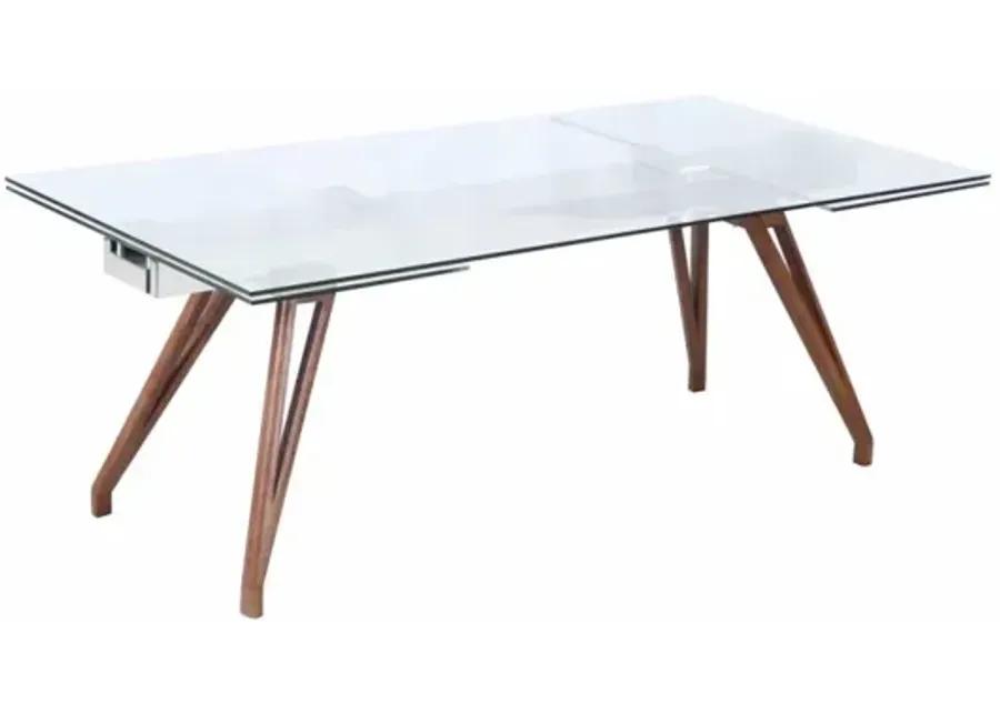 ERIKA MODERN DINING TABLE WITH EXTENDABLE GLASS TOP & SOLID WOOD LEGS