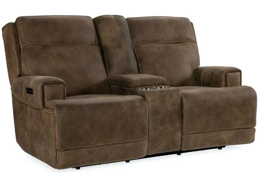 WHEELER POWER CONSOLE LEATHER LOVESEAT WITH POWER HEADREST