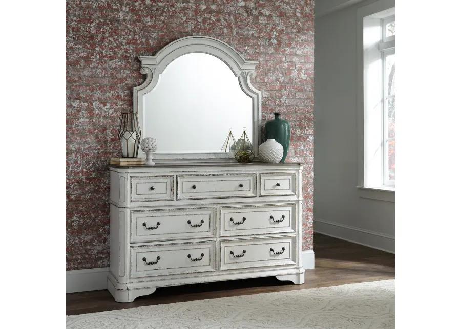 KING CALIFORNIA UPHOLSTERED SLEIGH BED DRESSER & MIRROR CHEST NIGHT STAND - MAGNOLIA MANOR