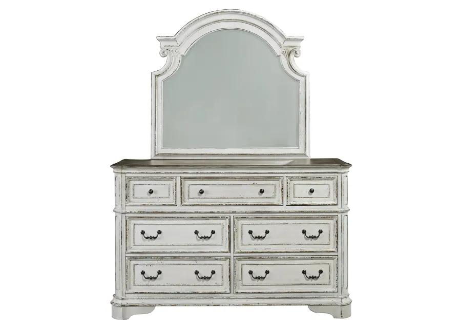 KING CALIFORNIA UPHOLSTERED SLEIGH BED DRESSER & MIRROR CHEST NIGHT STAND - MAGNOLIA MANOR