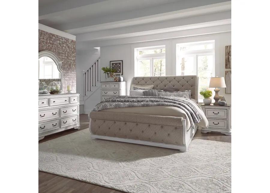 KING CALIFORNIA UPHOLSTERED SLEIGH BED DRESSER & MIRROR CHEST NIGHT STAND - MAGNOLIA MANOR