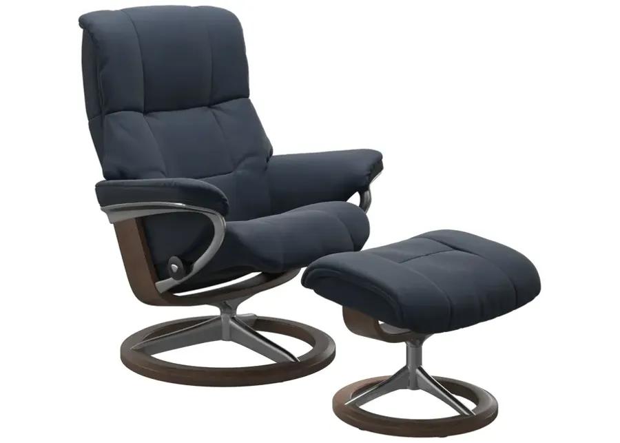 MAYFAIR LARGE SIGNATURE BASE CHAIR AND OTTOMAN IN PALOMA OXFORD BLUE IN A WALNUT FINISH