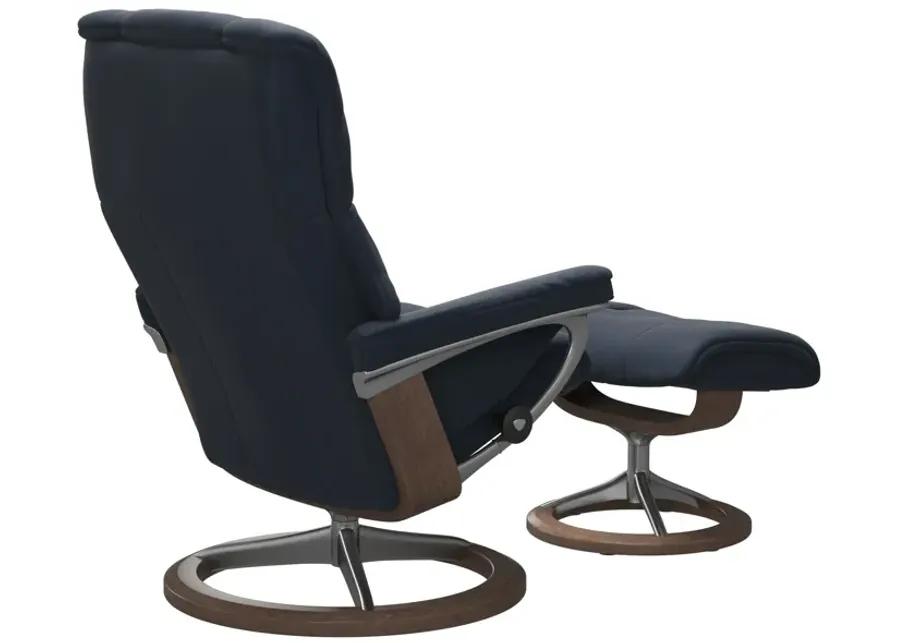 MAYFAIR LARGE SIGNATURE BASE CHAIR AND OTTOMAN IN PALOMA OXFORD BLUE IN A WALNUT FINISH