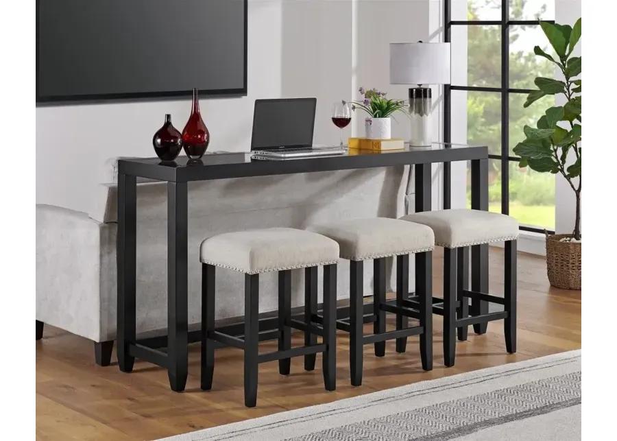 CORDERO 72 INCH GLASS TOP CONSOLE BAR TABLE & STOOL SET IN BLACK