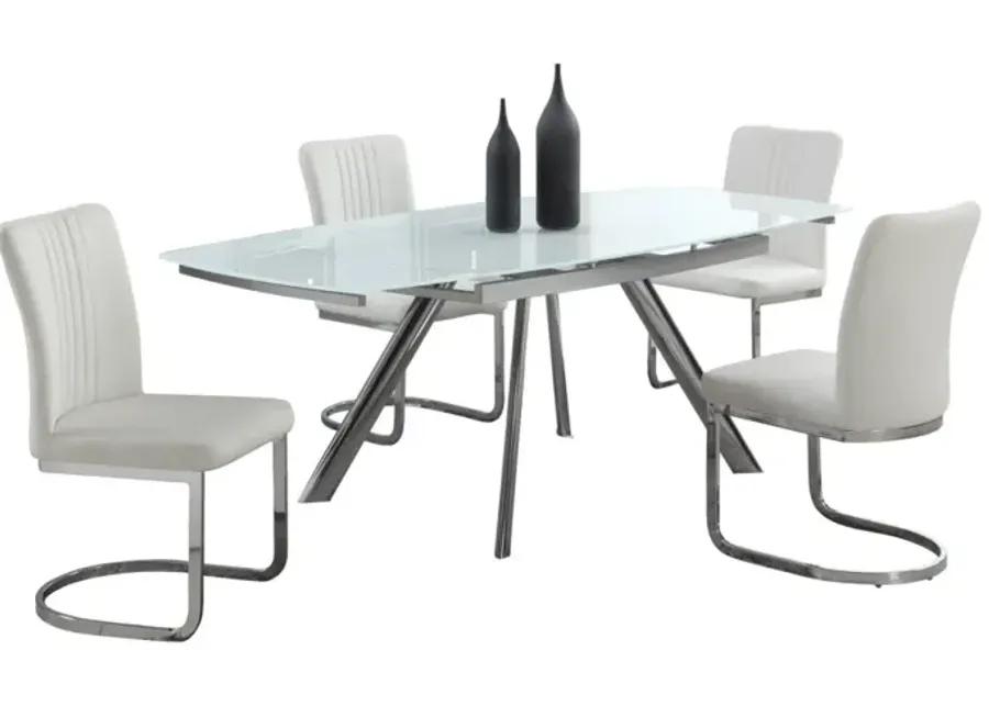 ALINA CONTEMPORARY DINING SET WITH EXTENDABLE STARPHIRE GLASS TABLE & 4 CHANNEL BACK SIDE CHAIRS