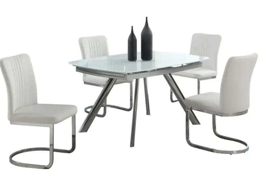 ALINA CONTEMPORARY DINING SET WITH EXTENDABLE STARPHIRE GLASS TABLE & 4 CHANNEL BACK SIDE CHAIRS