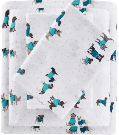 Olliix Intelligent Design Twin XL Teal Dogs Cozy Soft Cotton Novelty Print Flannel Sheet Set