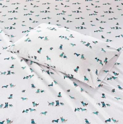 Olliix Intelligent Design Twin XL Teal Dogs Cozy Soft Cotton Novelty Print Flannel Sheet Set