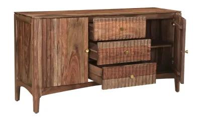 SELBY SOLID SHEESHAM WOOD TWO DOOR THREE DRAWER CREDENZA WITH SLIGHTLY ARCHED SKIRT.