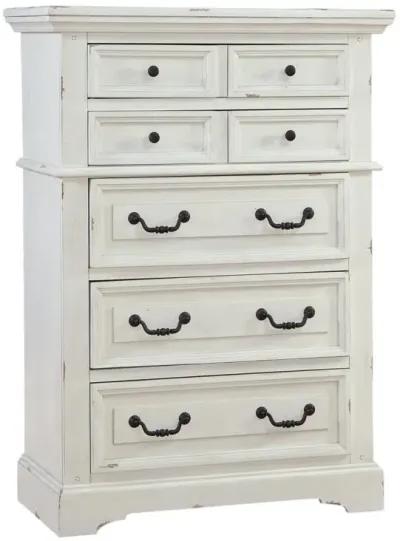 American Woodcrafters Complete Queen Bedroom Set Panel Bed, Dresser, Mirror, Chest & Nightstand Distressed Antique White Stonebrook