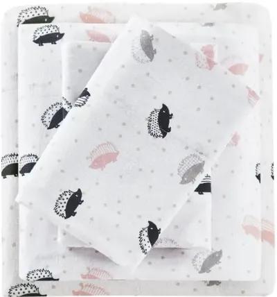 INTELLIGENT DESIGN FULL PINK/GREY HEDGEHOGS COZY SOFT COTTON NOVELTY PRINT FLANNEL SHEET SET