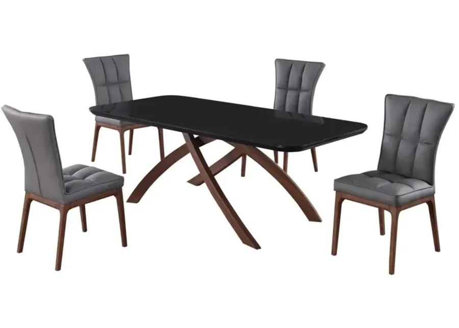 EMILY GREY DINING SET WITH BLACK GLASS TABLE & TUFTED SOLID WOOD LEGGED CHAIRS