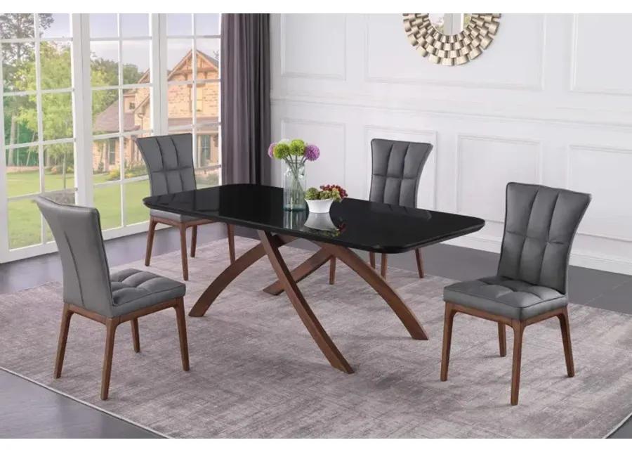 EMILY GREY DINING SET WITH BLACK GLASS TABLE & TUFTED SOLID WOOD LEGGED CHAIRS