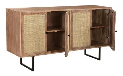 TORRENCE CONTEMPORARY STYLE 4 DOOR SIDEBOARD CREDENZA WITH WOVEN DOOR FRONTS - TAN