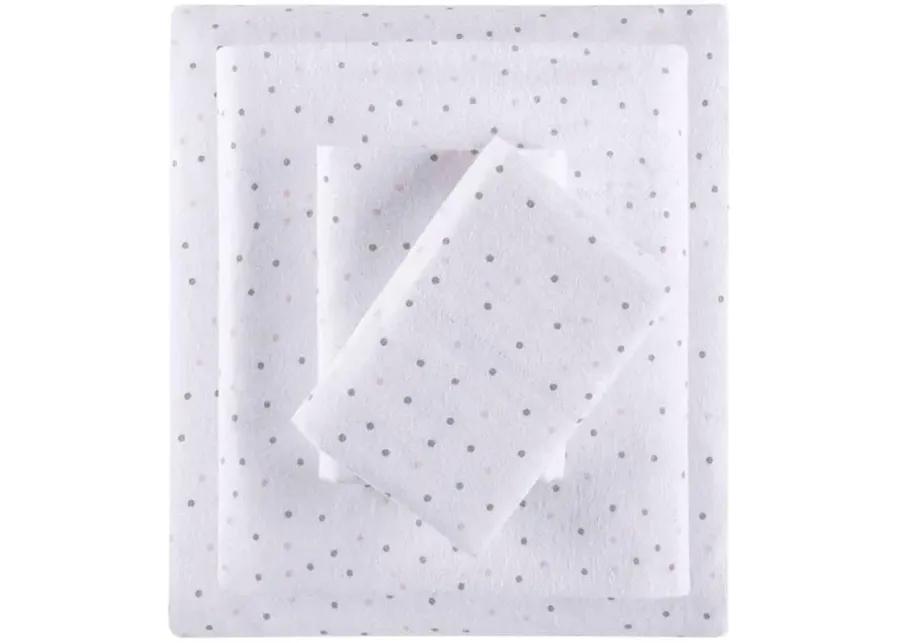 INTELLIGENT DESIGN QUEEN GREY/PINK DOTS COZY SOFT COTTON NOVELTY PRINT FLANNEL SHEET SET