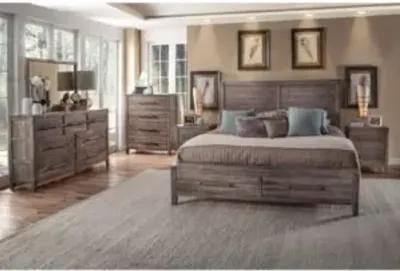 American Woodcrafters Aurora Queen Panel Bed with Storage Footboard in Weathered Grey