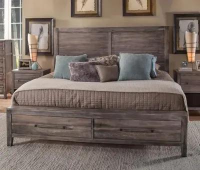 American Woodcrafters Aurora Queen Panel Bed with Storage Footboard in Weathered Grey