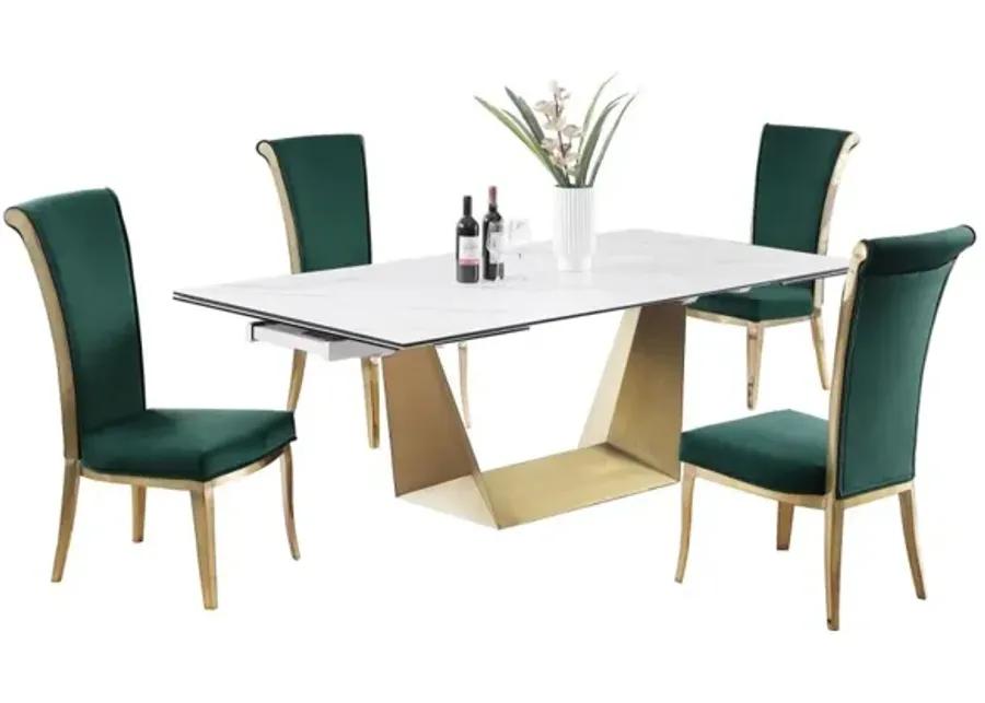 SCARLETTE GREEN/BRUSHED GOLD CONTEMPORARY DINING SET WITH EXTENDABLE TABLE & GOLDEN FRAME CHAIRS