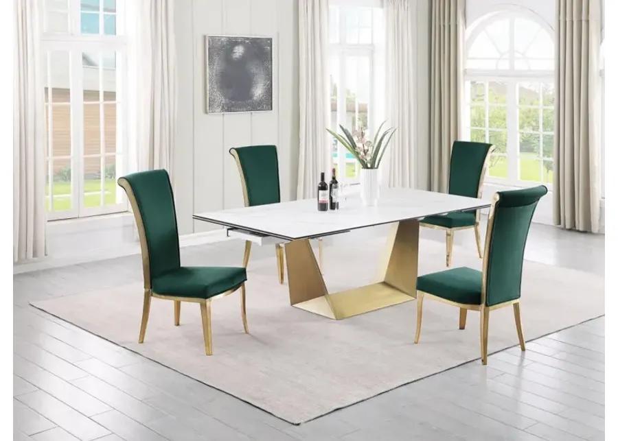 SCARLETTE GREEN/BRUSHED GOLD CONTEMPORARY DINING SET WITH EXTENDABLE TABLE & GOLDEN FRAME CHAIRS