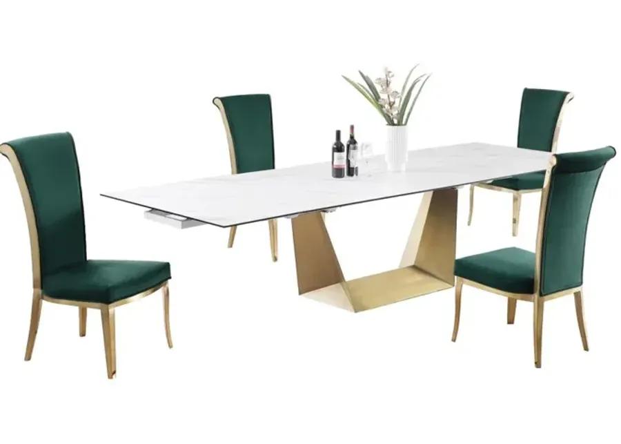 SCARLETTE GREEN/BRUSHED GOLD CONTEMPORARY DINING SET WITH EXTENDABLE TABLE & GOLDEN FRAME CHAIRS