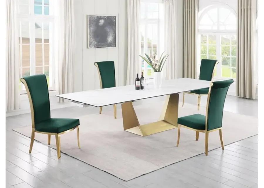 SCARLETTE GREEN/BRUSHED GOLD CONTEMPORARY DINING SET WITH EXTENDABLE TABLE & GOLDEN FRAME CHAIRS