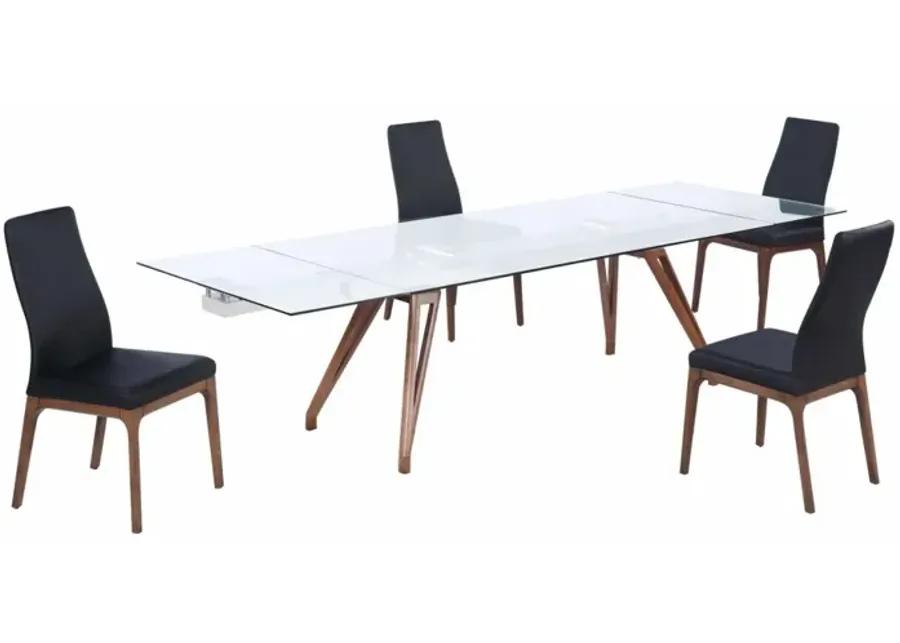 ERIKA BLACK MODERN DINING SET WITH EXTENDABLE GLASS TABLE & BLACK CONTOUR BACK UPHOLSTERED SIDE CHAIRS