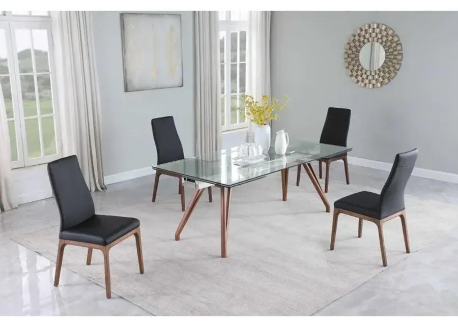 ERIKA BLACK MODERN DINING SET WITH EXTENDABLE GLASS TABLE & BLACK CONTOUR BACK UPHOLSTERED SIDE CHAIRS